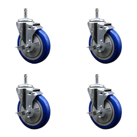 Service Caster 5'' Blue Poly Swivel 7/16'' Grip Ring Stem Caster Set with Brake, 4PK SCC-GR20S514-PPUB-BLUE-TLB-716138-4